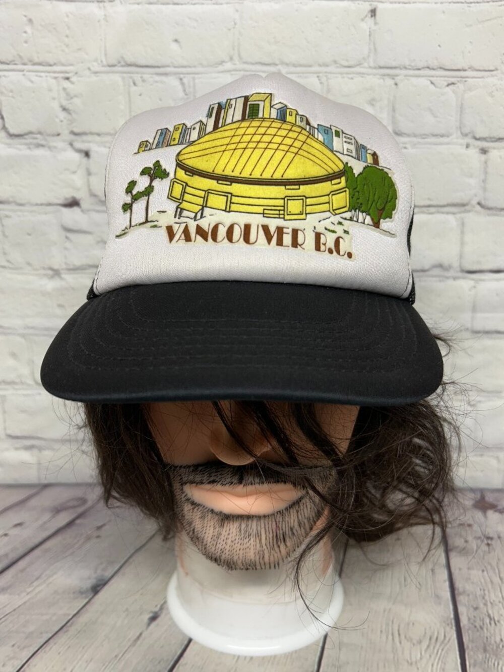 Vintage Vancouver B.C. Trucker Hat Mesh Cap Snapback Black White Big Logo 80s